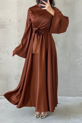 Basic Flounce Sleeve Satin Hijab Evening Dress Brown