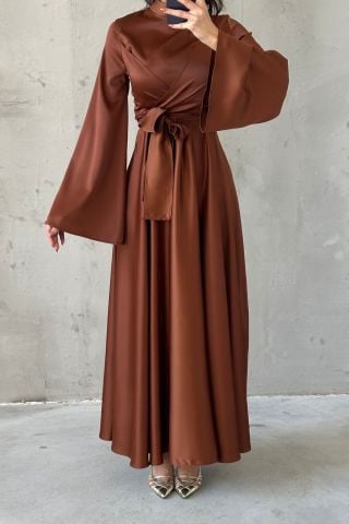 Basic Volan Kol Saten Tesettür Abiye Kahverengi