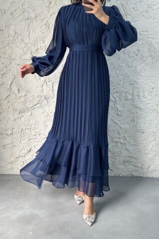 Zarif Tesettür Abiye - Lacivert Janjan Şifon ve Piliseli