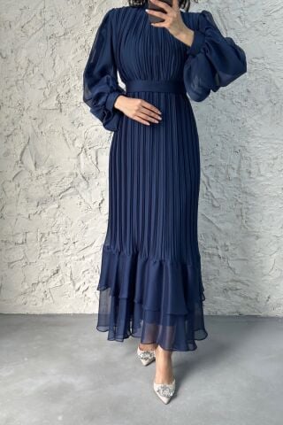Pleated Layered Janjan Chiffon Hijab Evening Dress Navy Blue