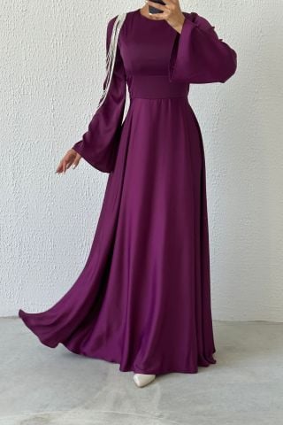 Zincir Işıltısı: Volan Kol Omuzdan Saten Tesettür Abiye Mürdüm