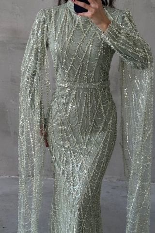 Sparkly Embroidered Long Sleeve Modest Evening Dress Mint Green