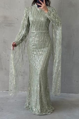 Işıltılı İşlemeli Uzun Kollu Tesettür Abiye Mint Yeşili