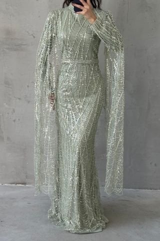 Işıltılı İşlemeli Uzun Kollu Tesettür Abiye Mint Yeşili