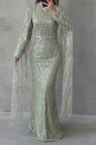 Işıltılı İşlemeli Uzun Kollu Tesettür Abiye Mint Yeşili