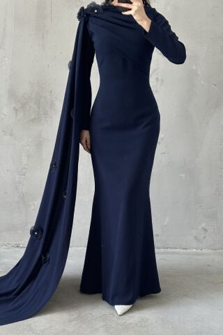 Elvan Hijab Evening Dress Navy Blue