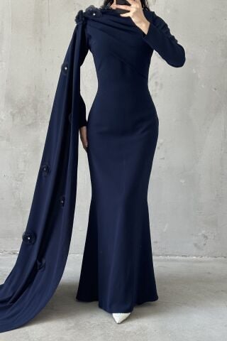 Elvan Hijab Evening Dress Navy Blue