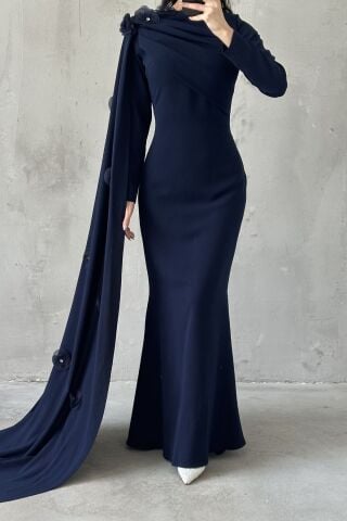 Elvan Hijab Evening Dress Navy Blue