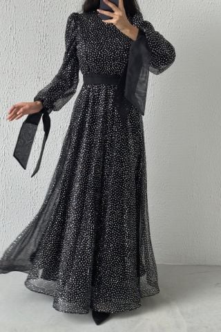 فستان سهرة حجاب بحزام فضي بتصميم أنيق أسود