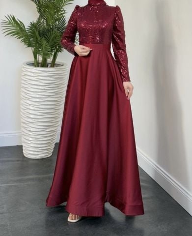 Işıltılı Pul Payet Saten Tesettür Abiye Bordo