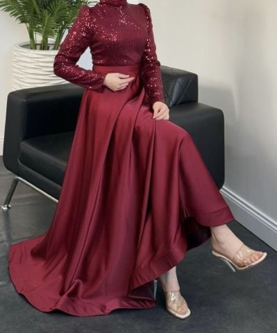 Işıltılı Pul Payet Saten Tesettür Abiye Bordo