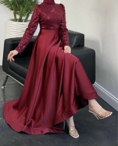 Sparkly Sequin Satin Hijab Evening Dress Burgundy