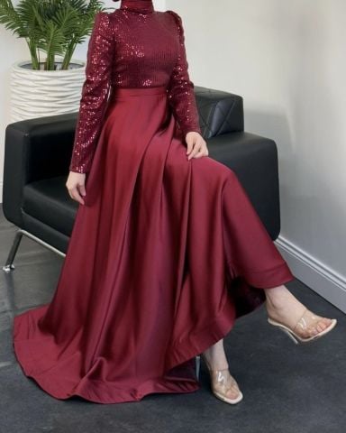 Işıltılı Pul Payet Saten Tesettür Abiye Bordo