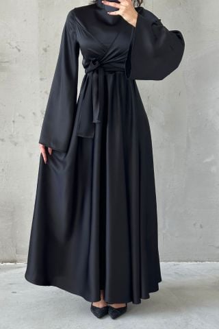 Basic Flounce Sleeve Satin Hijab Evening Dress Black