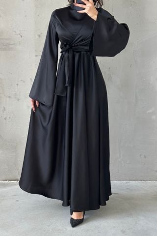 Basic Flounce Sleeve Satin Hijab Evening Dress Black