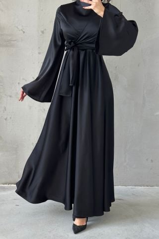 Basic Flounce Sleeve Satin Hijab Evening Dress Black