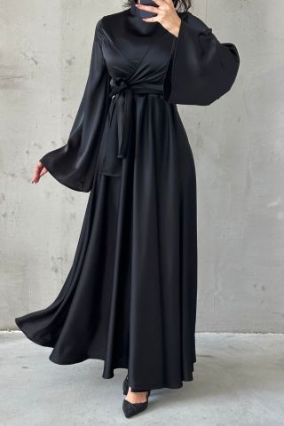 Basic Flounce Sleeve Satin Hijab Evening Dress Black