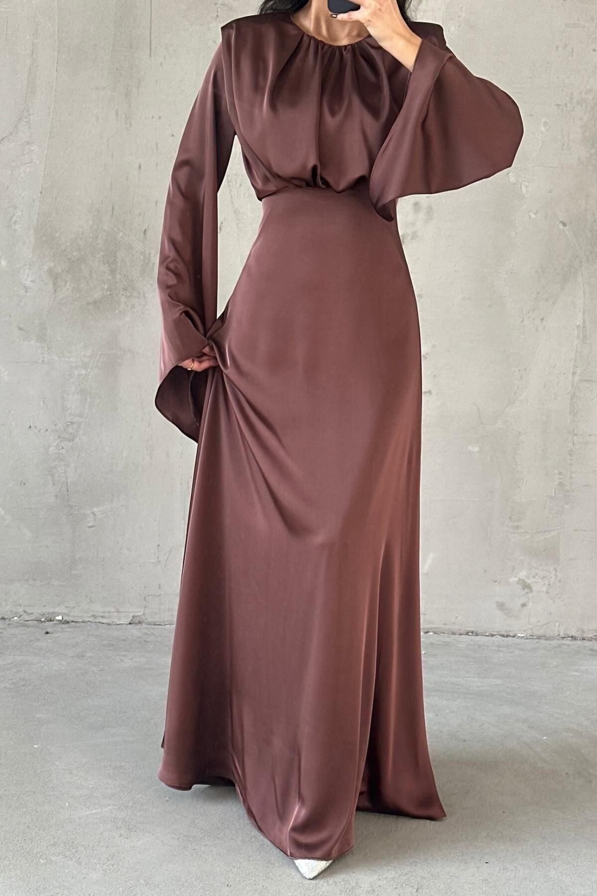 Miralya Saten Tesettür Abiye Kahverengi