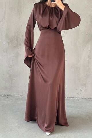 Miralya Saten Tesettür Abiye Kahverengi