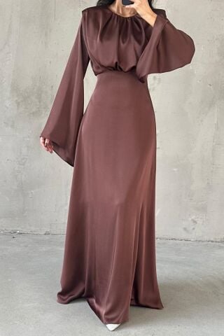 Miralya Saten Tesettür Abiye Kahverengi