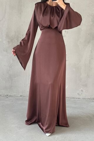 Miralya Saten Tesettür Abiye Kahverengi