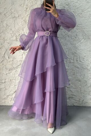 Tül Kat Kat Tesettür Abiye Lila