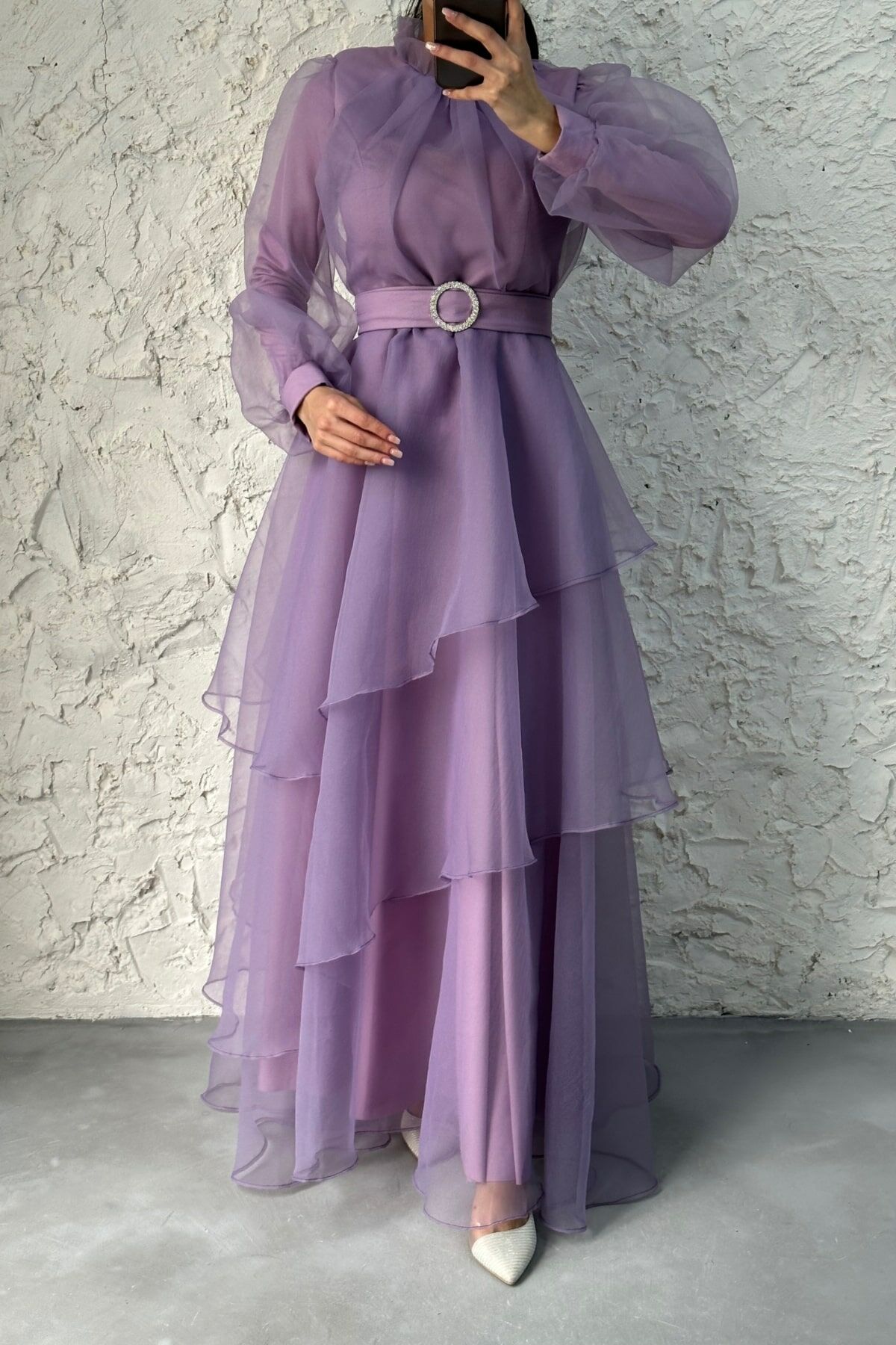 Tül Kat Kat Tesettür Abiye Lila