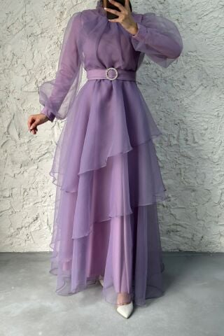 Tül Kat Kat Tesettür Abiye Lila
