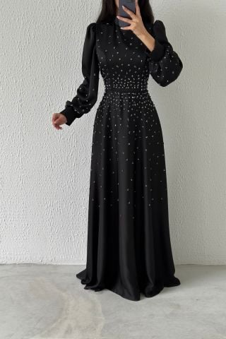 Elegant Stone Detailed Satin Hijab Evening Dress Black
