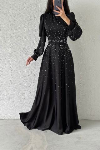 Boydan Zarif Taş Detaylı Saten Tesettür Abiye Siyah