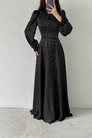 Boydan Zarif Taş Detaylı Saten Tesettür Abiye Siyah