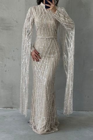 Işıltılı İşlemeli Uzun Kollu Tesettür Abiye Ekru