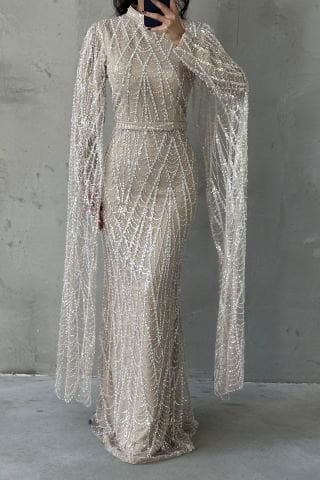 Sparkly Embroidered Long Sleeve Hijab Evening Dress Ecru