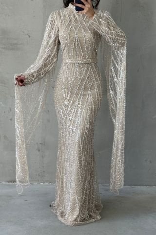 Işıltılı İşlemeli Uzun Kollu Tesettür Abiye Ekru