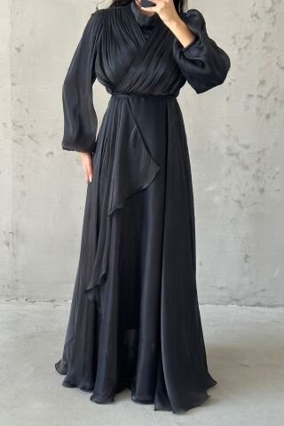 Modern Tasarım Fırfır Detaylı Janjan Tesettür Abiye Siyah