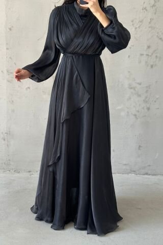 Modern Tasarım Fırfır Detaylı Janjan Tesettür Abiye Siyah