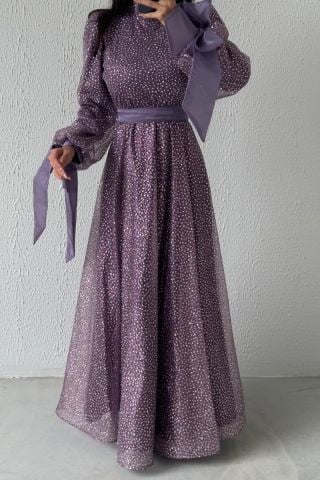 Stylish Design Silvery Belted Hijab Evening Dress Lilac