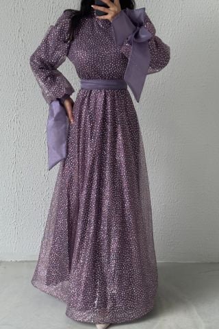 Şık Tasarım Simli Kemerli Tesettür Abiye Lila