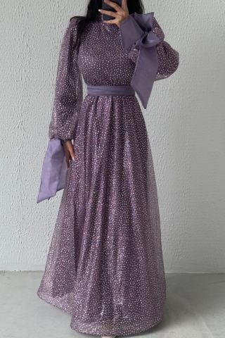 Şık Tasarım Simli Kemerli Tesettür Abiye Lila