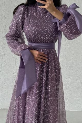 Şık Tasarım Simli Kemerli Tesettür Abiye Lila