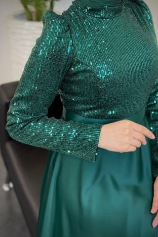 Işıltılı Pul Payet Saten Tesettür Abiye Yeşil