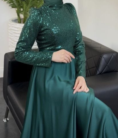Işıltılı Pul Payet Saten Tesettür Abiye Yeşil
