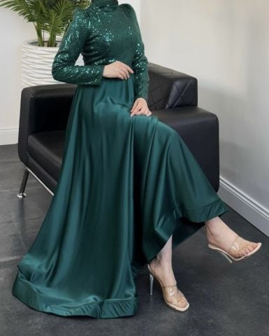 Sparkly Sequin Satin Hijab Evening Dress Green