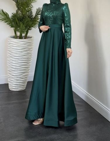Sparkly Sequin Satin Hijab Evening Dress Green