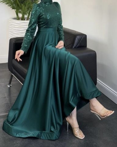 Sparkly Sequin Satin Hijab Evening Dress Green