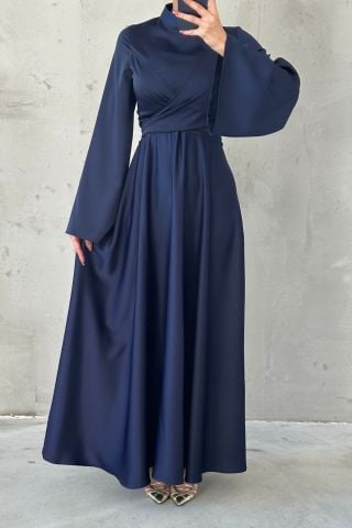 Basic Flounce Sleeve Satin Hijab Evening Dress Navy Blue