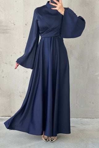 Basic Flounce Sleeve Satin Hijab Evening Dress Navy Blue