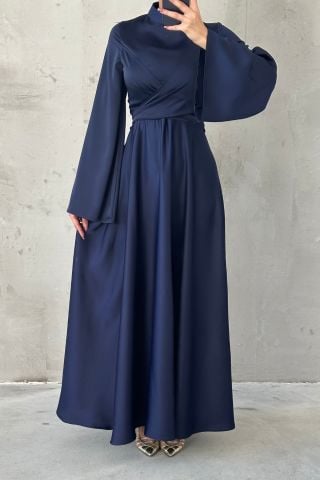 Basic Volan Kol Saten Tesettür Abiye Lacivert