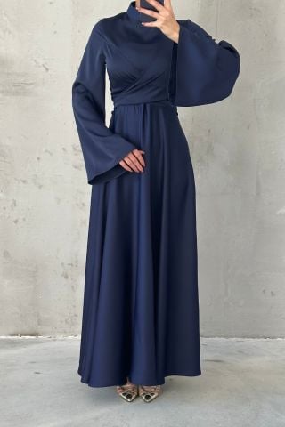 Basic Flounce Sleeve Satin Hijab Evening Dress Navy Blue