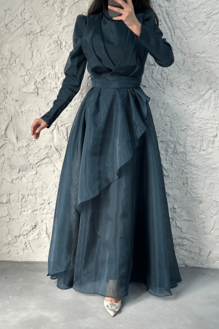 Elya Tulle Hijab Evening Dress Dark Green